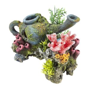 Akvariedekorasjon Tekanne med koraller og planter 14.5x11x11cm