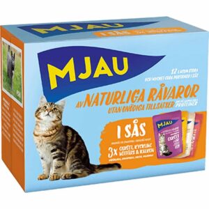 Mjau porsjonsposer multipack – kjøttsmaker i saus (12 × 85 g)